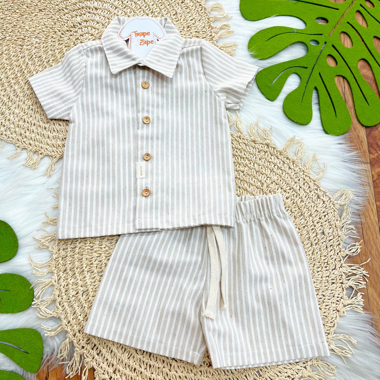 Conj Camisa de Botão e Short em Linho listrado Areia